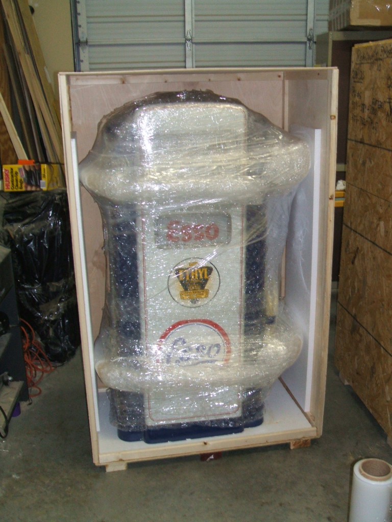 Crated Esso Gas Pump Collectible wrapped and ready for shipping.